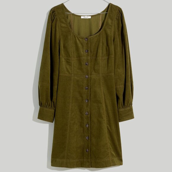 Madewell Olive Green Petite Corduroy Long-Sleeve Mini Dress, Size Petite 2 - Picture 2 of 11